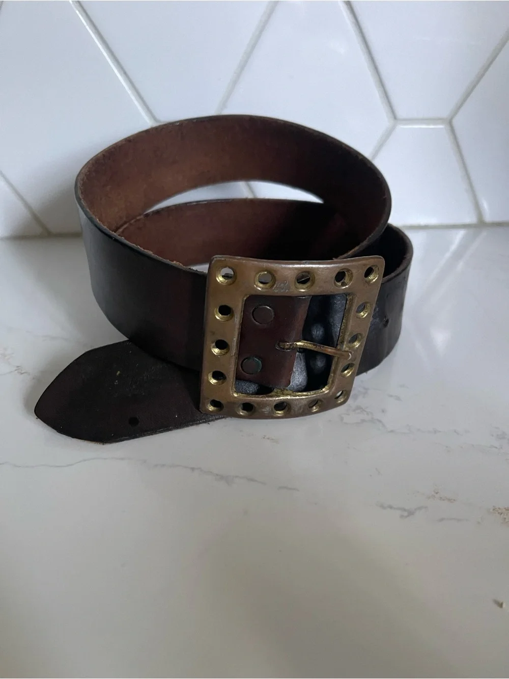 Women's Dark Brown Leather Belt with Brass Studded Buckle